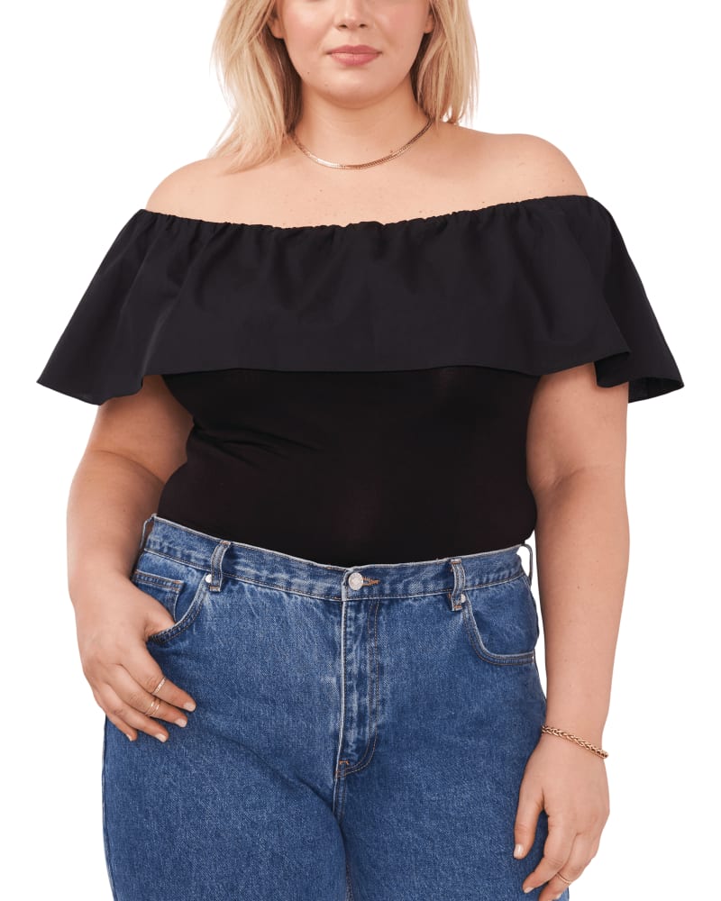 Front of a model wearing a size 1X Alice Off The Shoulder Top in RICH BLACK by Vince Camuto. | dia_product_style_image_id:261873